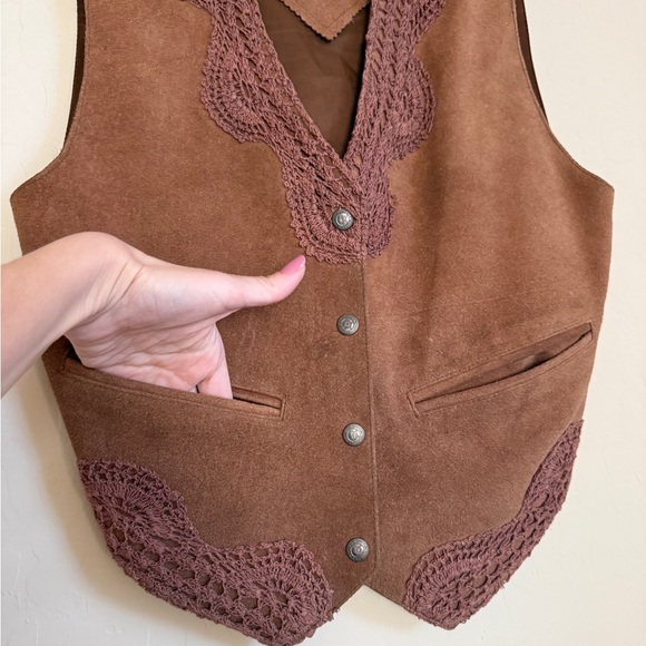 Suede Leather Crochet Tan Western Cowboy Vest Small - Picture 4 of 8